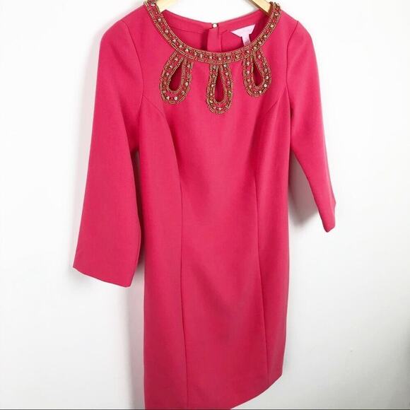 LILLY PULITZER Bronte Beaded Pink Shift Dress 2 Rhinestones Embellished Neckline - Picture 4 of 15